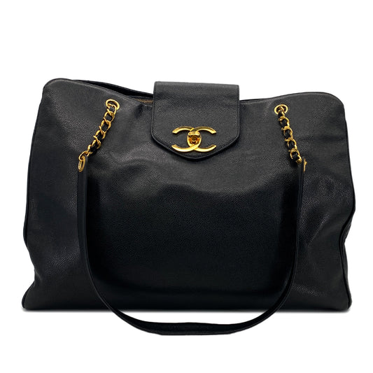 CHANEL VINTAGE SUPER MODEL BIG COCO CHAIN TOTE BAG BLACK CAVIAR SKIN 90289355