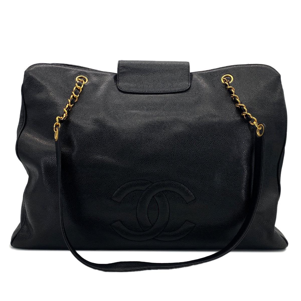 CHANEL VINTAGE SUPER MODEL BIG COCO CHAIN TOTE BAG BLACK CAVIAR SKIN 90289355
