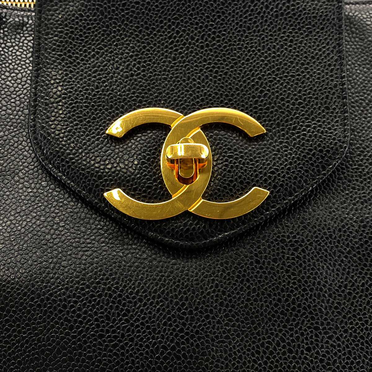 CHANEL VINTAGE SUPER MODEL BIG COCO CHAIN TOTE BAG BLACK CAVIAR SKIN 90289355