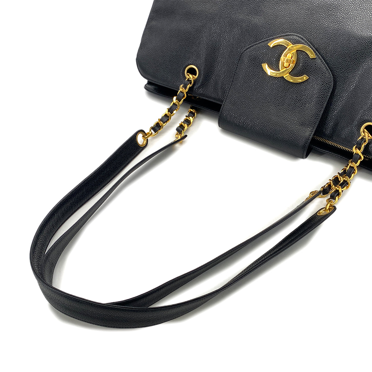 CHANEL VINTAGE SUPER MODEL BIG COCO CHAIN TOTE BAG BLACK CAVIAR SKIN 90289355