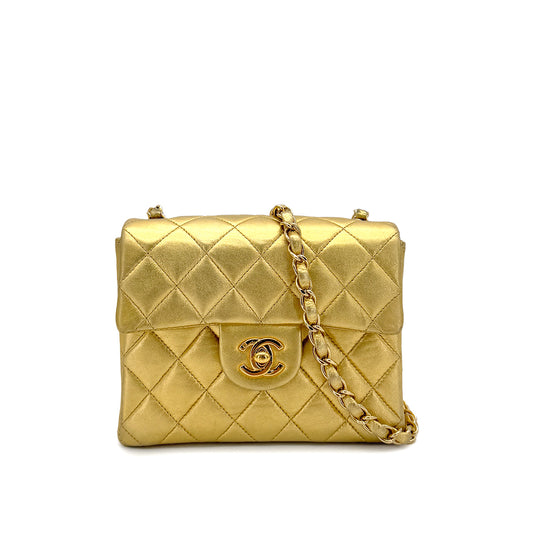 CHANEL VINTAGE MINI SQUARE 17 CHAIN SHOULDER BAG GOLD LAMB SKIN 90289359