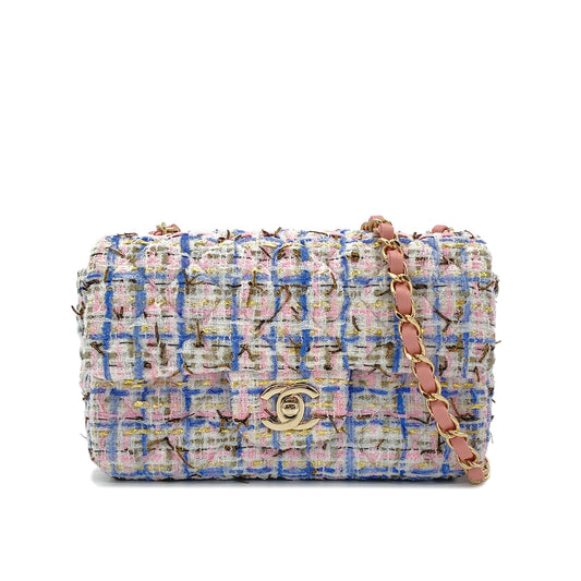 CHANEL MATELASSE TWEED CHAIN SHOULDER BAG PINK BLUE COTTON LEATHER 90289365