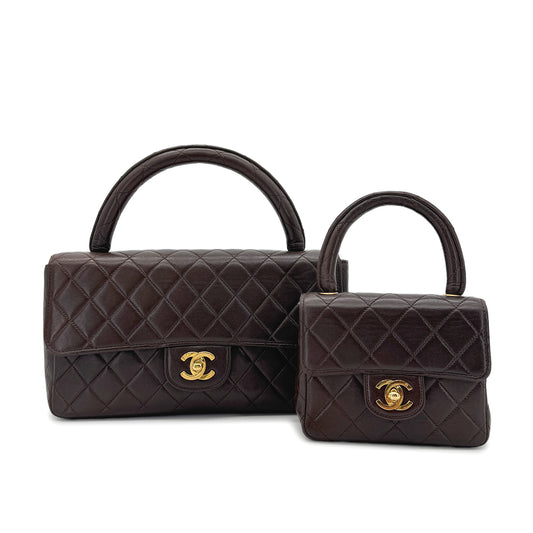 CHANEL VINTAGE PARENT-CHILD MATELASSE HAND BAG BROWN LAMB SKIN 90289541