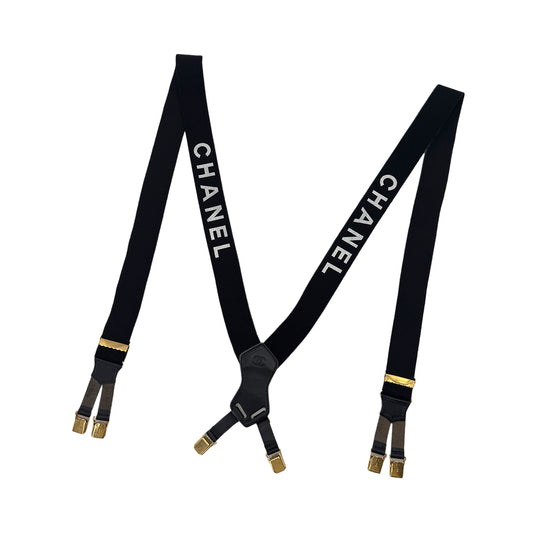 CHANEL VINTAGE SUSPENDER LOGO BLACK WHITE CANVAS LEATHER 90289548