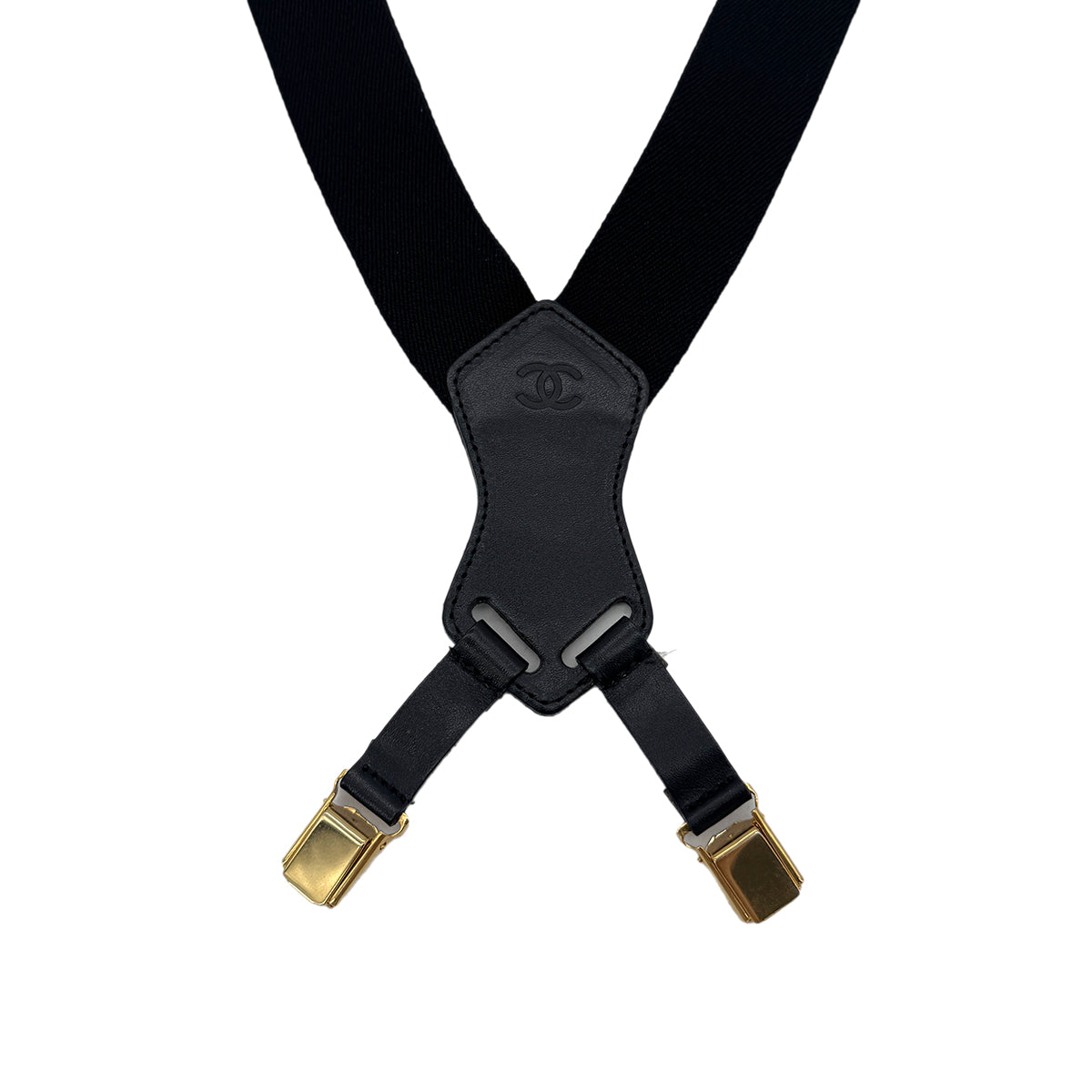 CHANEL VINTAGE SUSPENDER LOGO BLACK WHITE CANVAS LEATHER 90289548