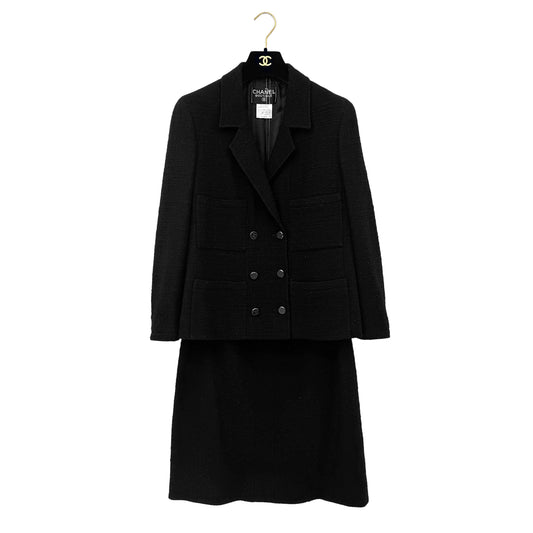 CHANEL BOUTIQUE VINTAGE COCO BUTTON JACKET SKIRT SET BLACK WOOL 42 98A RTW 90289558
