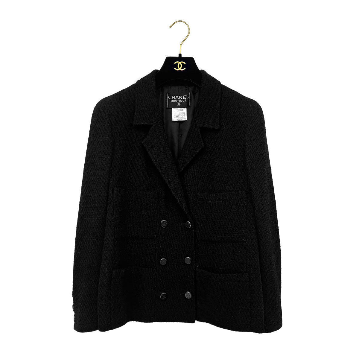 CHANEL BOUTIQUE VINTAGE COCO BUTTON JACKET SKIRT SET BLACK WOOL 42 98A RTW 90289558