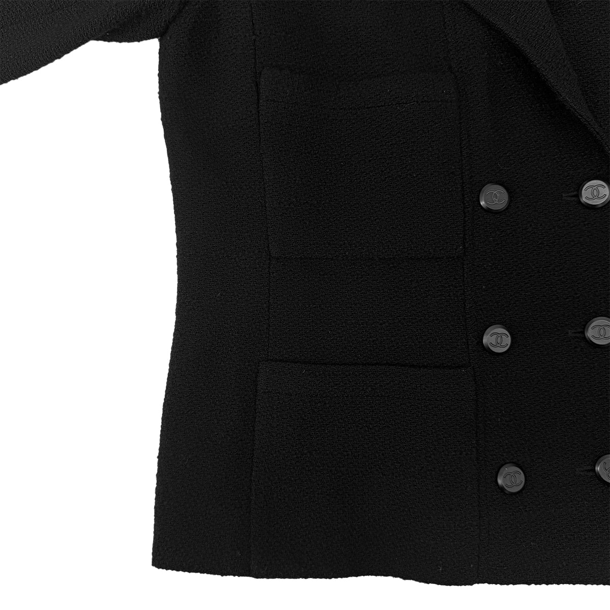 CHANEL BOUTIQUE VINTAGE COCO BUTTON JACKET SKIRT SET BLACK WOOL 42 98A RTW 90289558