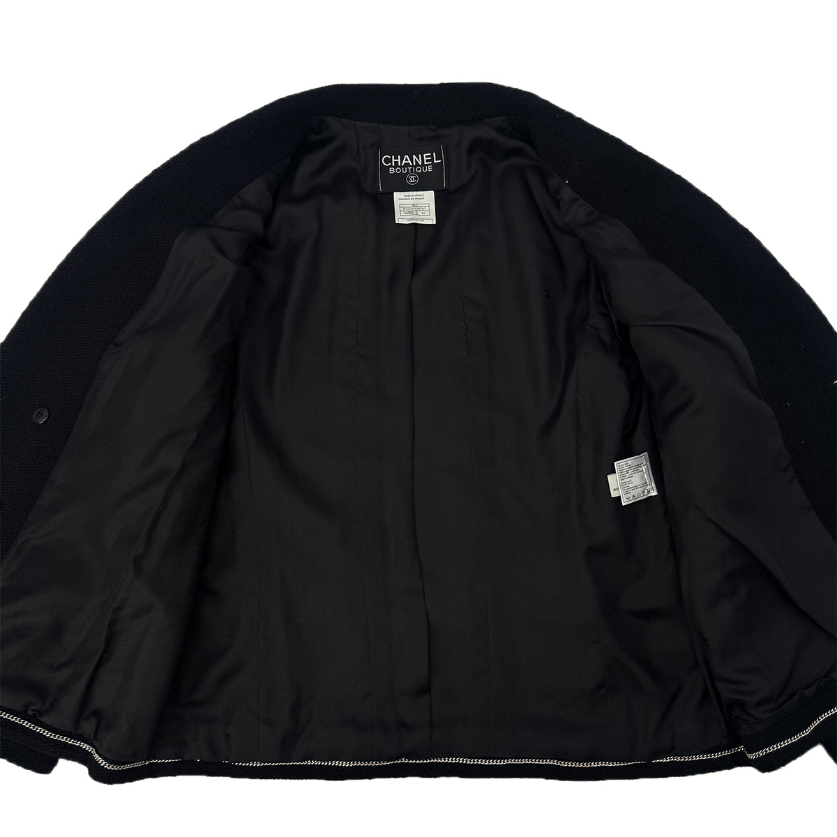 CHANEL BOUTIQUE VINTAGE COCO BUTTON JACKET SKIRT SET BLACK WOOL 42 98A RTW 90289558