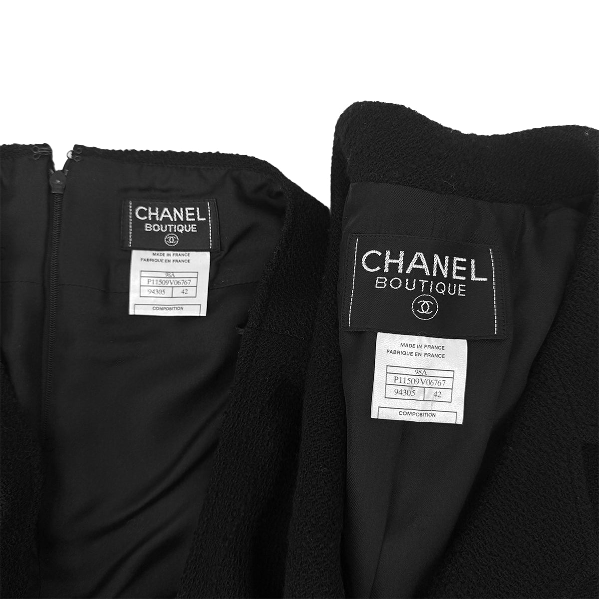CHANEL BOUTIQUE VINTAGE COCO BUTTON JACKET SKIRT SET BLACK WOOL 42 98A RTW 90289558
