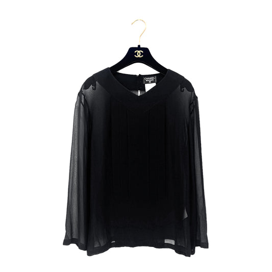 CHANEL SEE-THROUGH BLOUSE BACK COCO BUTTON BLACK SILK 36 98A RTW 90289565