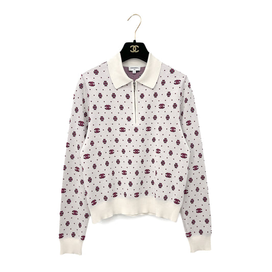 CHANEL COCOMARK LONG SLEEVE HALF ZIP POLO KNIT WHITE PINK SILK 36 P74 RTW 90290204