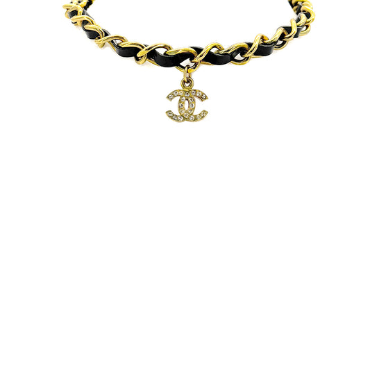CHANEL VINTAGE COCOMARK RHINESTONE CHAIN NECKLACE LEATHER ACCESSORY 95P 90290304