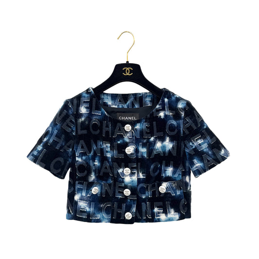 CHANEL COCO BUTTON NO -COLLAR LOGO JACKET BLUE COTTON 36 P70 RTW 90290324