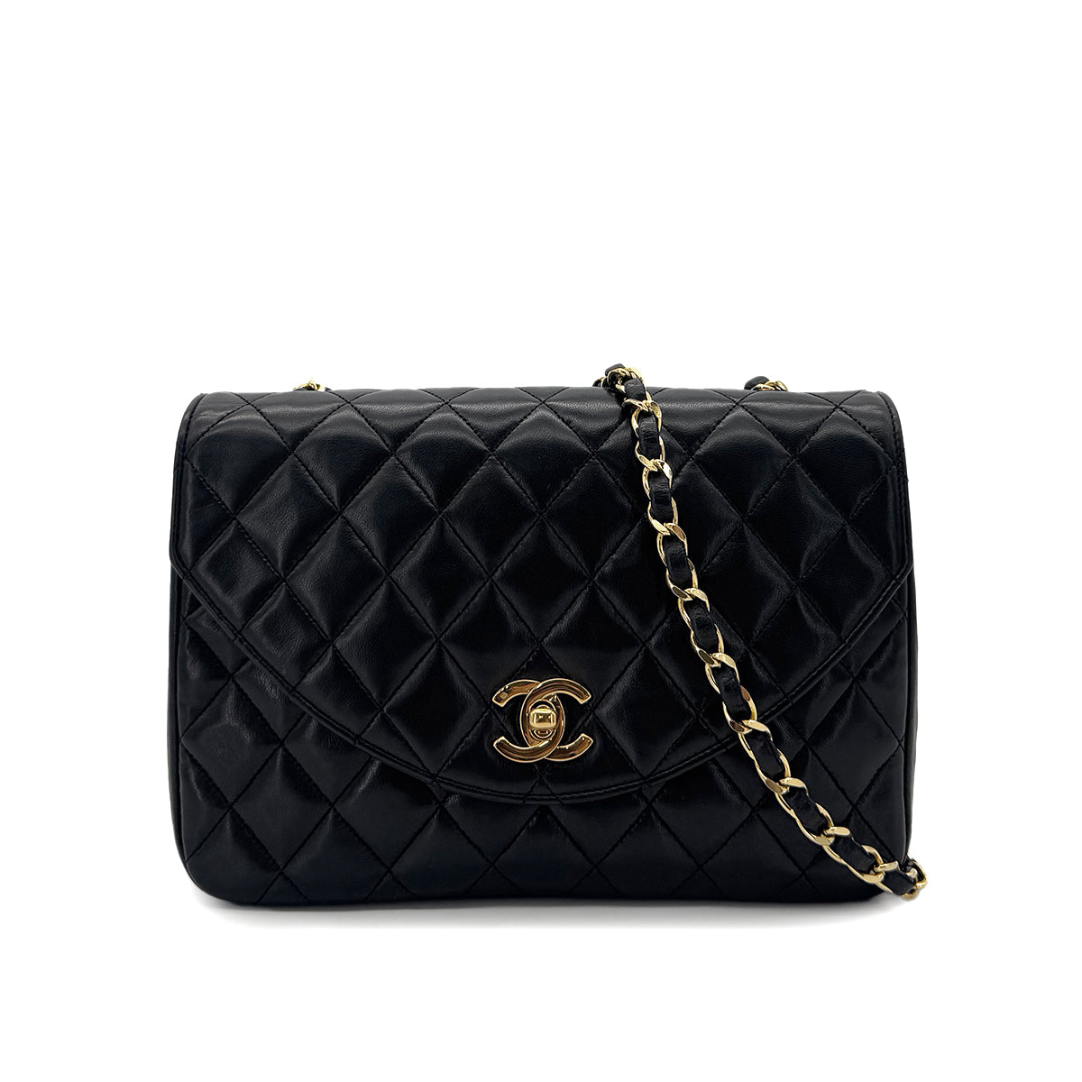 CHANEL VINTAGE MATELASSE HALF MOON CHAIN SHOULDER BAG BLACK LAMB SKIN 90290326
