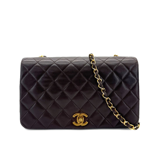 CHANEL VINTAGE FULL FLAP CHAIN SHOULDER BAG BROWN LAMB SKIN 90290344