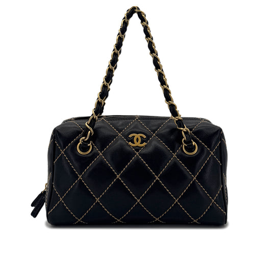 CHANEL VINTAGE WILD STITCH CHAIN SHOULDER BAG BLACK LEATHER 90290345
