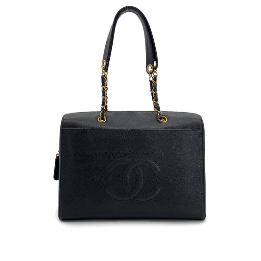 CHANEL VINTAGE BIG COCO CHAIN SHOULDER BAG BLACK CAVIAR SKIN 90290346