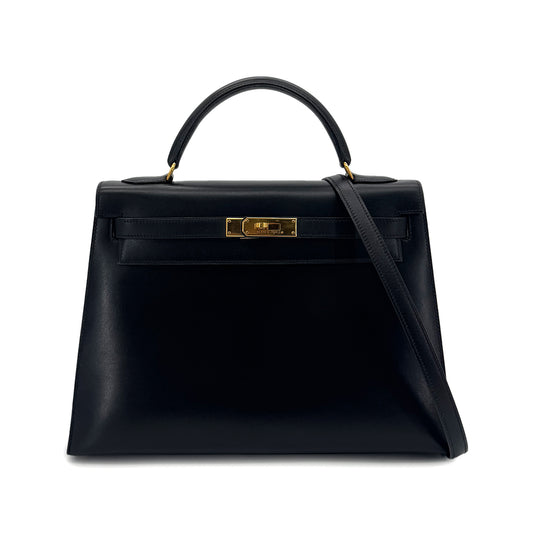 HERMES KELLY 32 SELLIER BLACK BOXCALF HAND SHOULDER BAG 〇Z GHW 90291227