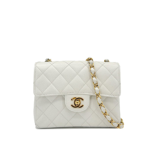 CHANEL VINTAGE MINI SQUARE 17 CHAIN SHOULDER BAG WHITE CAVIAR SKIN 90291232