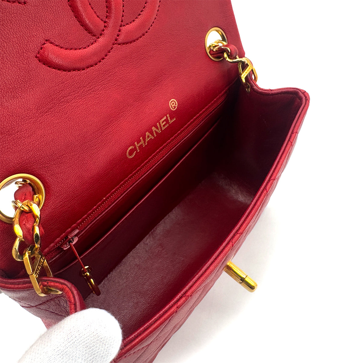 CHANEL VINTAGE MINI SQUARE 17 CHAIN SHOULDER BAG RED LAMB SKIN 90291233