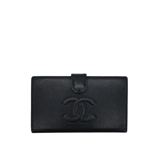 CHANEL VINTAGE BIFOLD LONG WALLET BLACK CAVIAR SKIN 90291245