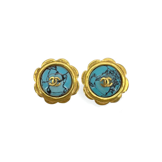 CHANEL VINTAGE EARRINGS COCOMARK TURQUOISE STONE FLOWER GOLD ACCESSORY 97P 90291246