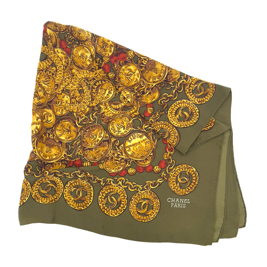 CHANEL VINTAGE SCARF COCOMARK GOLD CHAIN PATTERN MULTICOLOR SILK 90291257