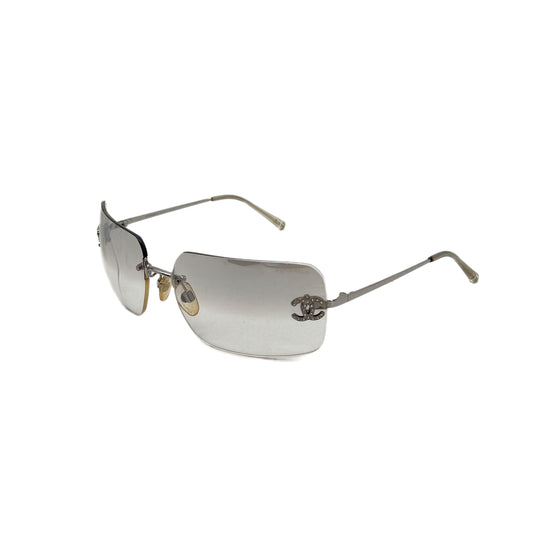 CHANEL VINTAGE SUNGLASSES COCOMARK RHINESTONE GRAY SILVER EYEWEAR 90291259