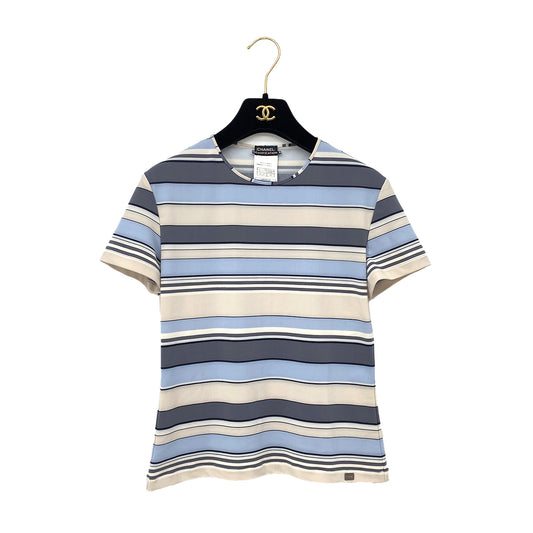 CHANEL MULTI COLOR STRIPE T-SHIRT LOGO PLATE BLUE GRAY NYLON 40 00C RTW 90291316