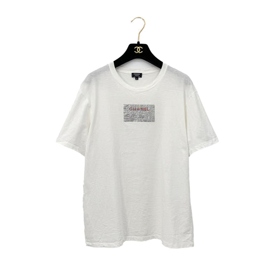 CHANEL LOGO RHINESTONE T-SHIRT WHITE COTTON M C63 RTW 90291326