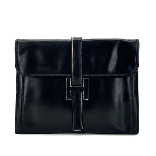 HERMES JIGE GM BLACK BOXCALF CLUTCH BAG 〇O 90291368