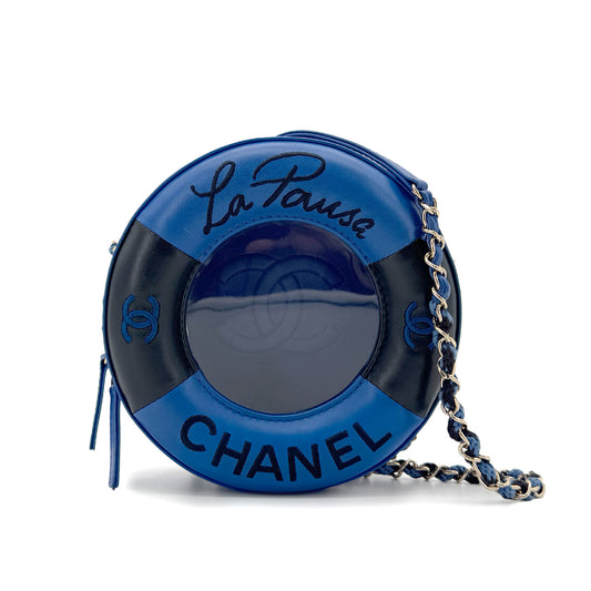 CHANEL LA PAUSA COCO MARK LIFESAVER ROUND CHAIN SHOULDER BAG BLUE BLACK VINYL LEATHER 90291372