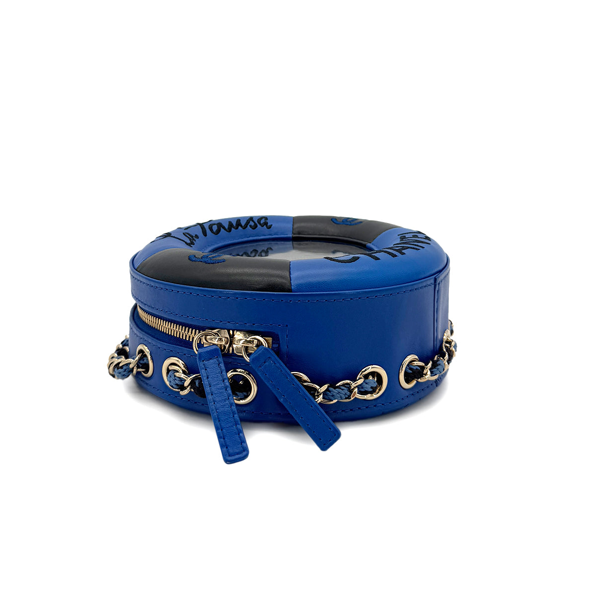CHANEL LA PAUSA COCO MARK LIFESAVER ROUND CHAIN SHOULDER BAG BLUE BLACK VINYL LEATHER 90291372