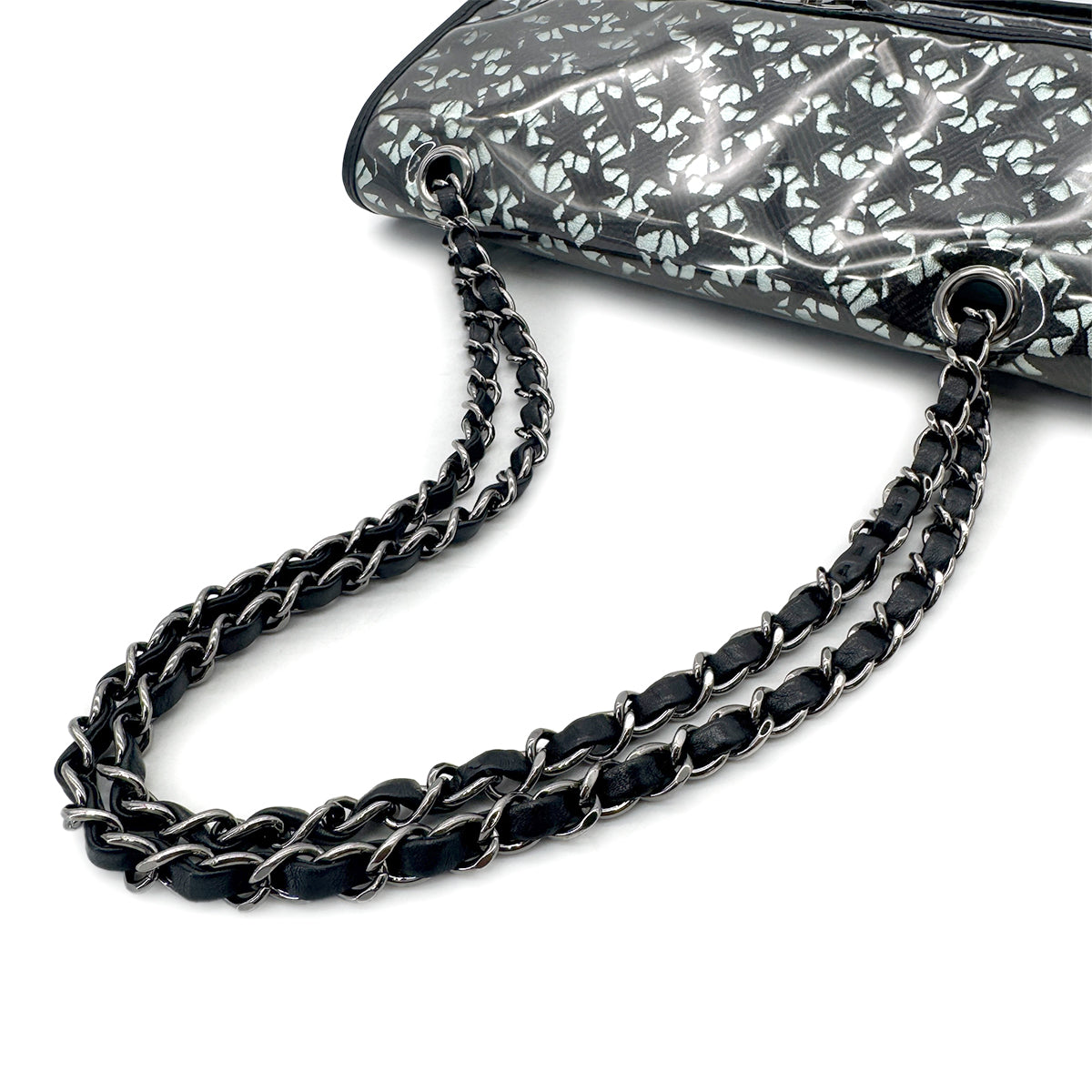 CHANEL VINTAGE TURN LOCK STAR LEACE CHAIN TOTE BAG CLEAR BLACK VINYL 90291463
