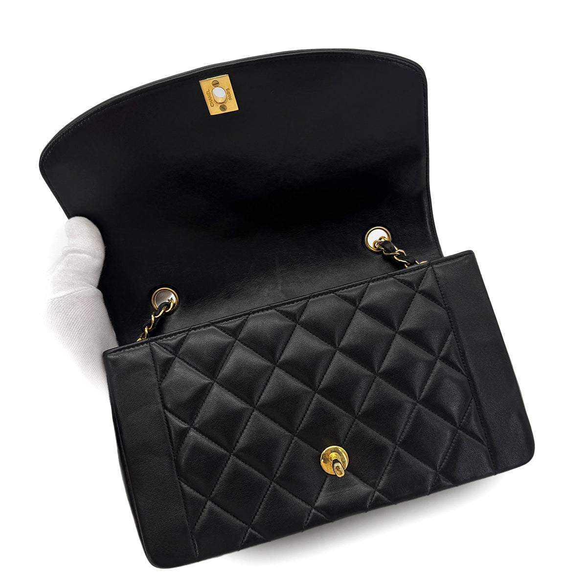 CHANEL VINTAGE DIANA MEDIUM CHAIN SHOULDER BAG BLACK LAMB SKIN 90291883