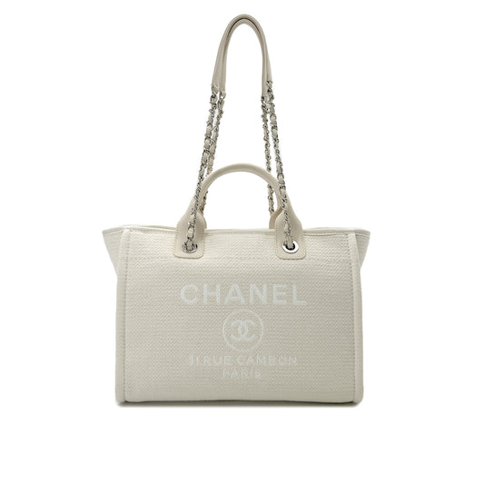 CHANEL DEAUVILLE MM 31 RUE CAMBON CHAIN TOTE BAG LOGO COCOMARK IVORY CANVAS LEATHER 90291886