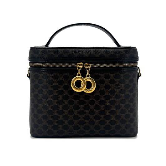 CELINE VINTAGE MACADAM 2WAY VANITY HAND SHOULDER BAG BLACK LEATHER PVC 90291892