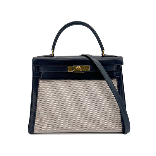 HERMES KELLY 28 BLUE INDIGO BOXCALF TOILE H HAND SHOULDER BAG 〇C GHW 90292060