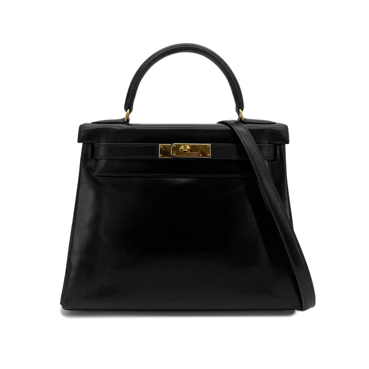 HERMES KELLY 28 RETOURNE BLACK BOXCALF HAND SHOULDER BAG 〇W GHW 90292095