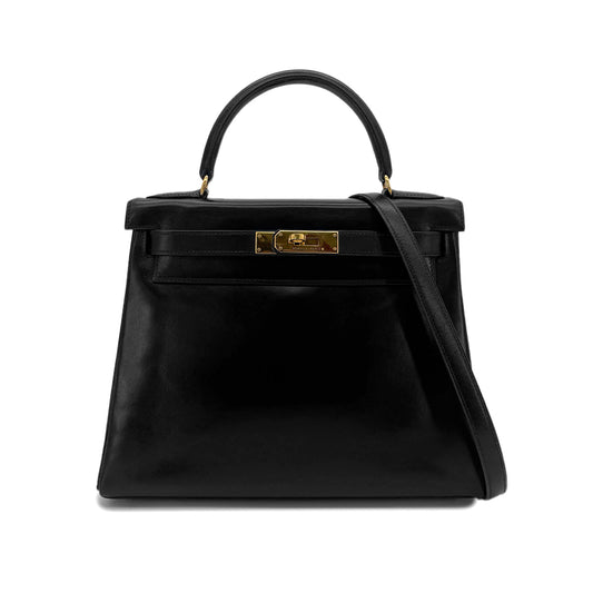 HERMES KELLY 28 RETOURNE BLACK BOXCALF HAND SHOULDER BAG 〇W GHW 90292095