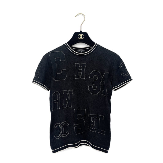 CHANEL SHORT SLEEVE RIB KNIT TOPS COCOMARK BLACK SILK 36 P61 RTW 90292100