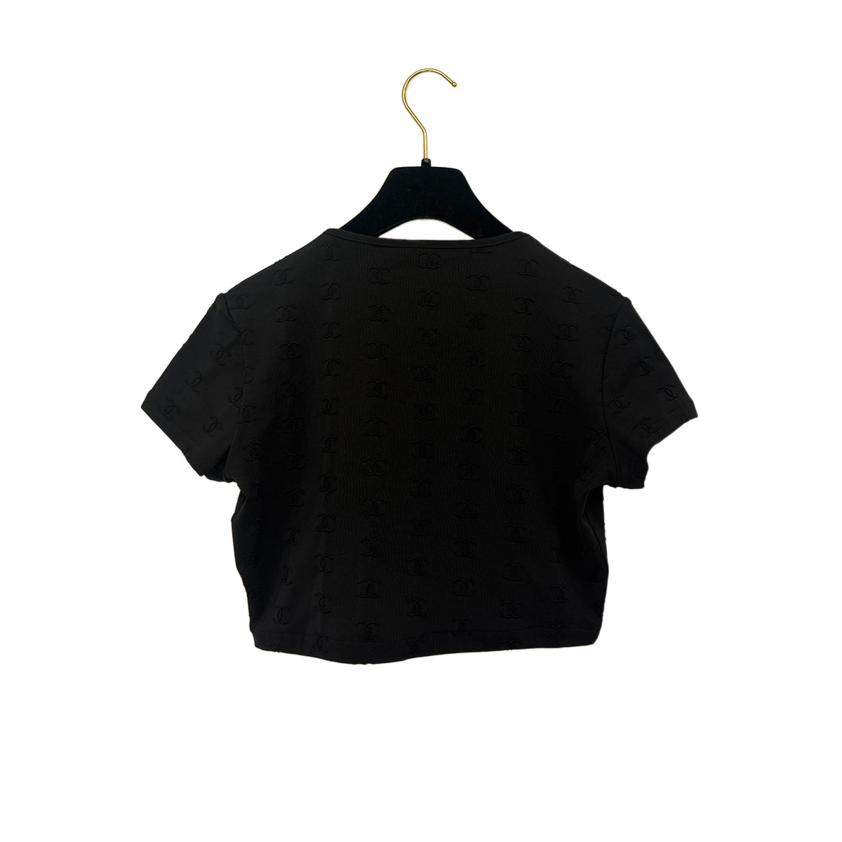 CHANEL VINTAGE SHORT SLEEVE CROPPED T-SHIRT TOPS COCOMARK BLACK NYLON 42 97P RTW 90292102