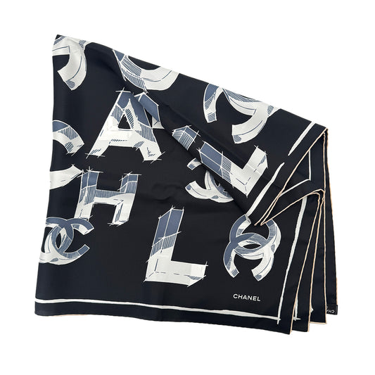 CHANEL SCARF COCOMARK LOGO PATTERN BALCK SILK 90292107