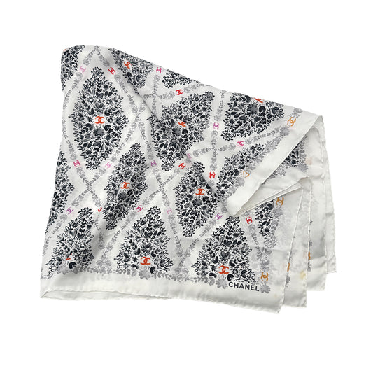 CHANEL SCARF COCOMARK FLOWER PATTERN WHITE SILK 90292109