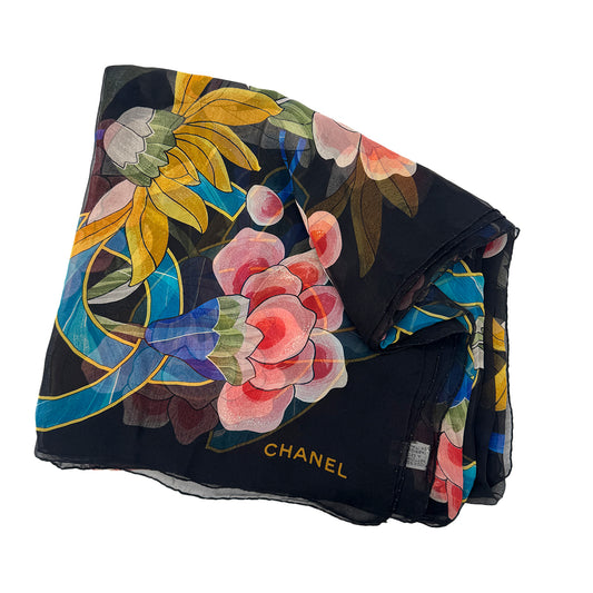 CHANEL VINTAGE SCARF COCOMARK FLOWER PATTERN MULTICOLOR SILK 90292121