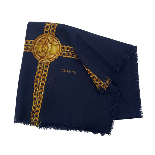 CHANEL VINTAGE SCARF SILK CASHMERE NAVY GOLD COCOMARK 90292123