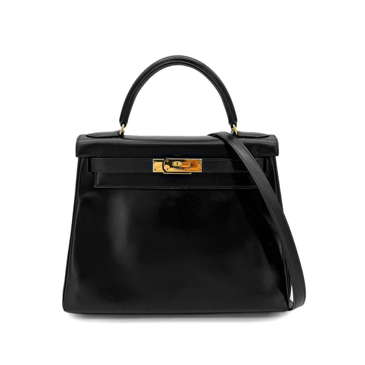 HERMES KELLY 28 RETOURNE BLACK BOXCALF HAND SHOULDER BAG 〇Y GHW 90292732