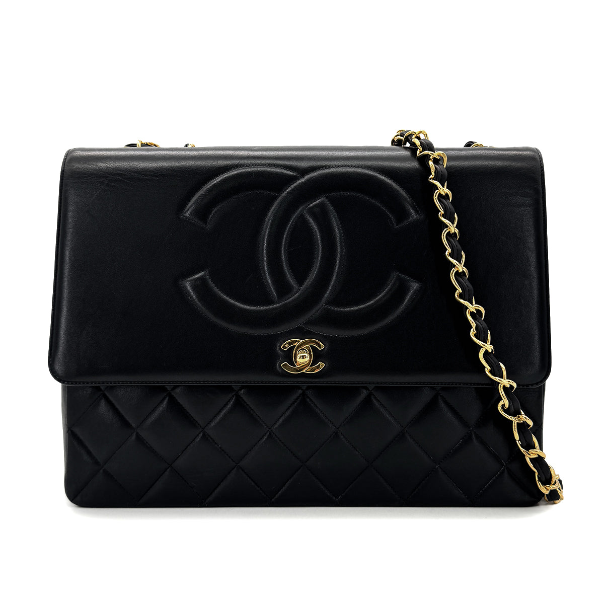 CHANEL VINTAGE BIG COCO MATELASSE CHAIN SHOULDER BAG BLACK LAMB SKIN 90292736