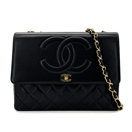 CHANEL VINTAGE BIG COCO MATELASSE CHAIN SHOULDER BAG BLACK LAMB SKIN 90292736